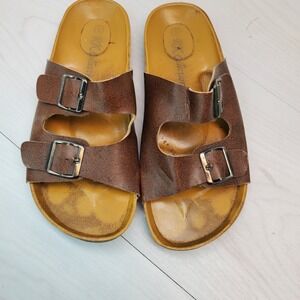 RK Collection Brown Leather Double Strap Buckle Slides Sandals Women's Size 9